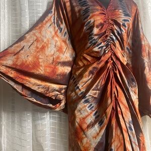 African Silk TieDyed BouBou Dress, Nigerian Scrunched BuBu Kaftan, Luxury Resort